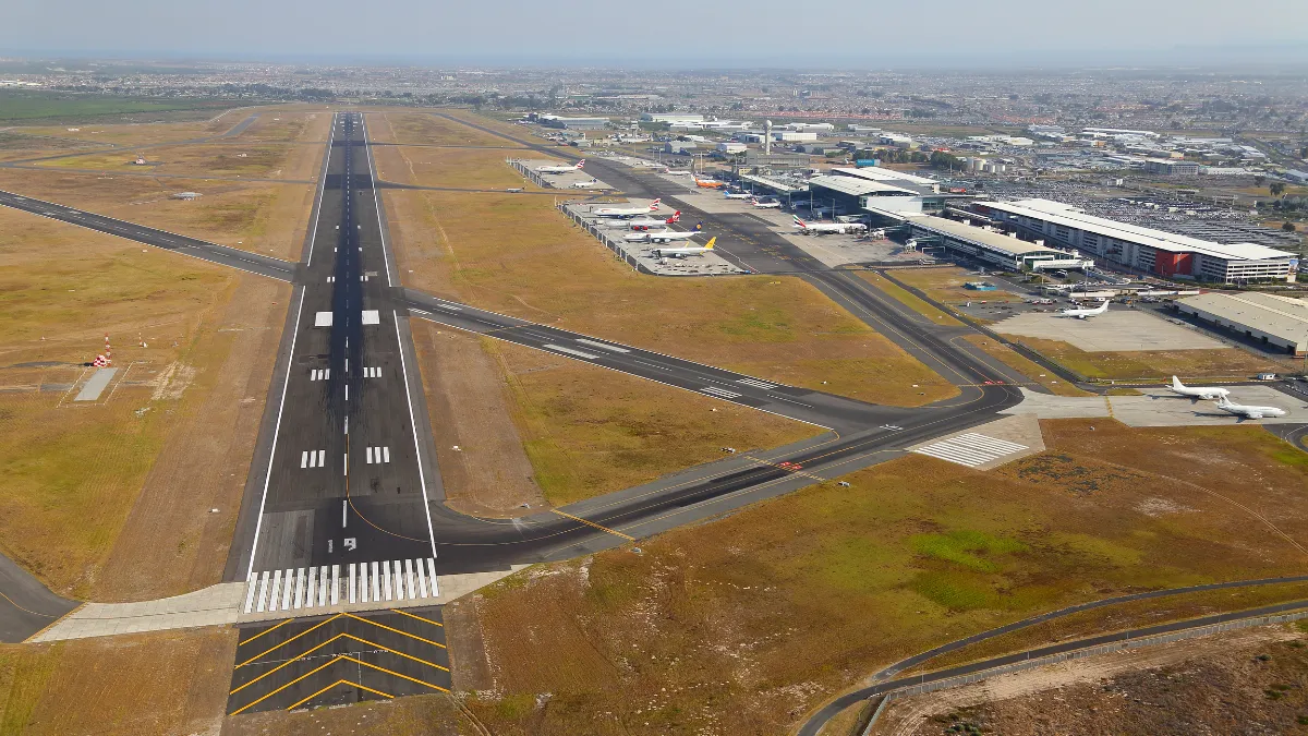 aerial photo of a runway at cape town international airport