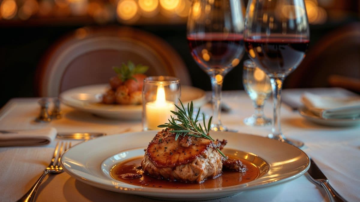 a plate with grilled steak and glasses of red wine in the background