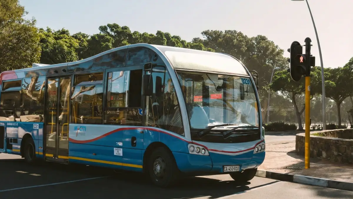 blue and white myciti passenger bus on a cape town street
