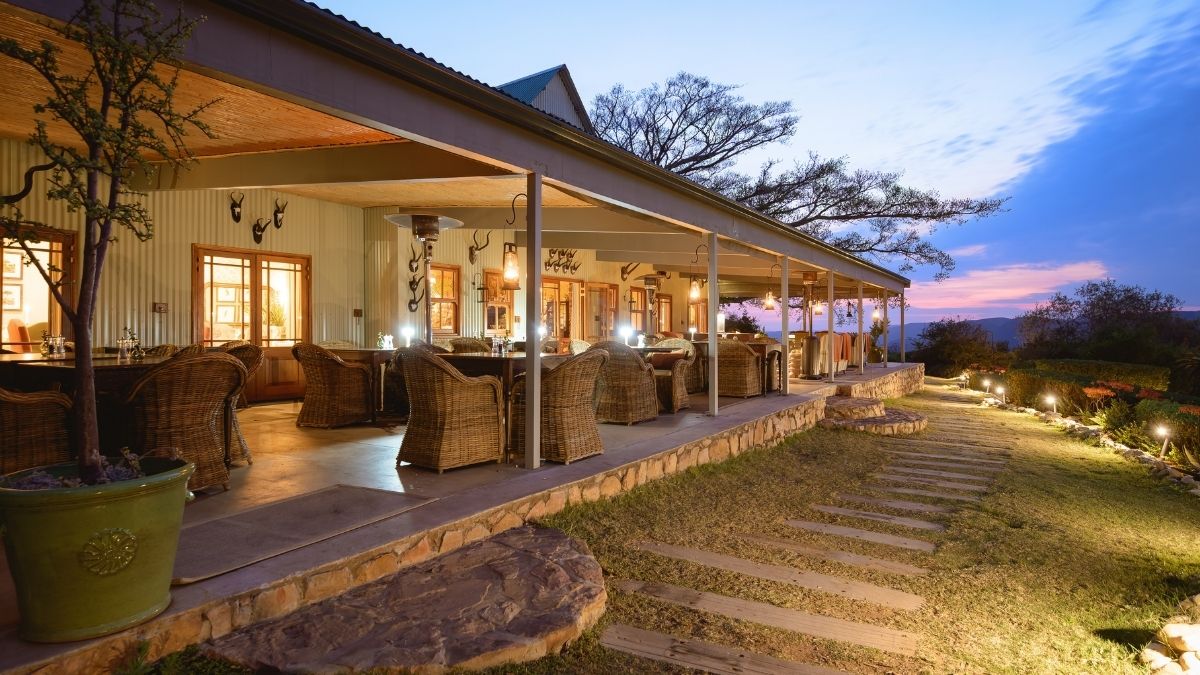The restaurant at Camp Figtree at sunset
